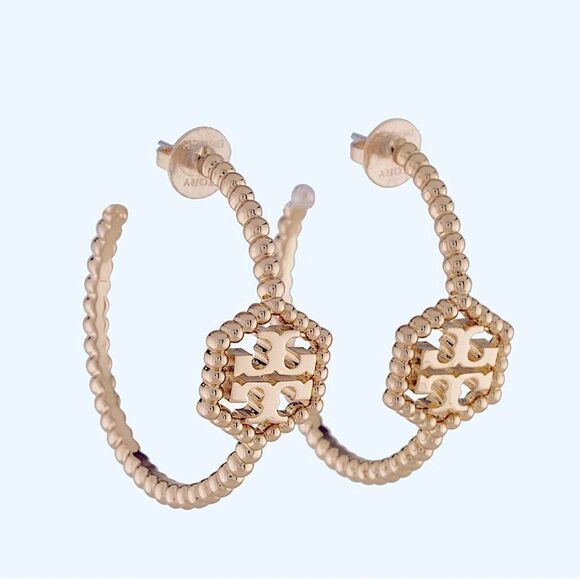 TORY BURCH MILGRAIN HEX HOOP EARRINGS GOLD TONE - Picture 1 of 3